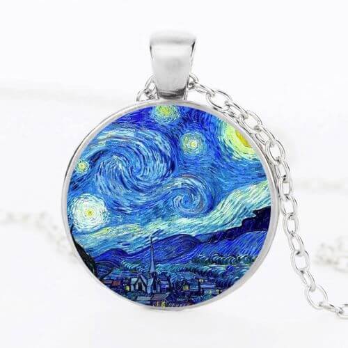 The Kiss Starry Night Sunflower Glass Necklace Van Gogh Klimt Painting Round Pendant Chain Necklaces For Women Girls