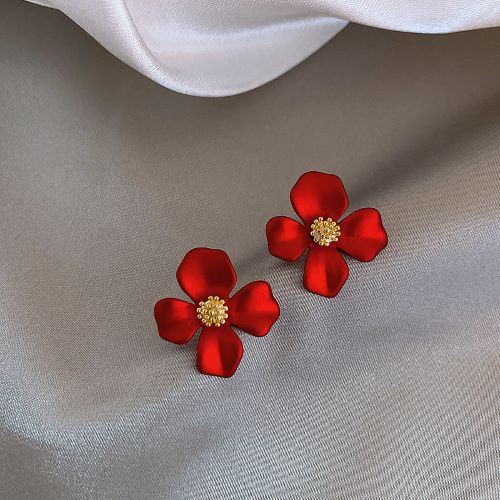 Girls Silver Needle Korean Red Petal Earrings 